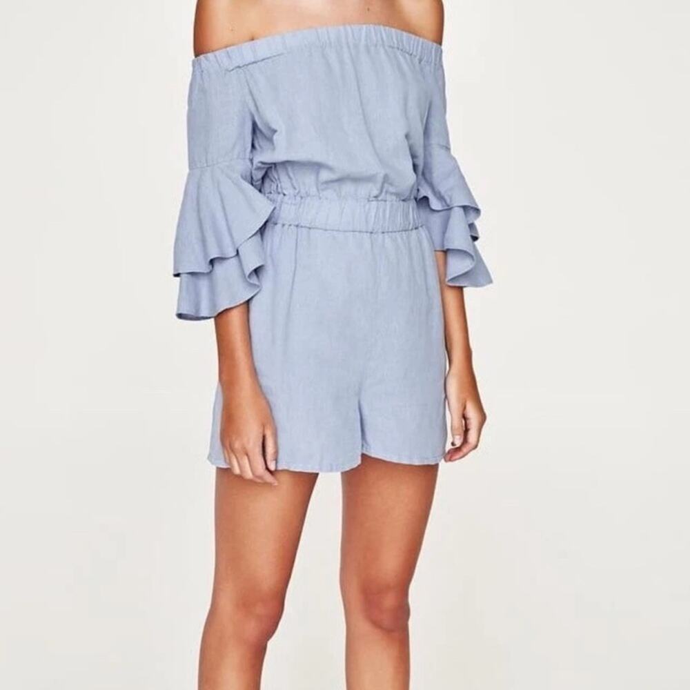 Zara off the shoulder romper jumpsuit baby blue small - Picture 2 of 7